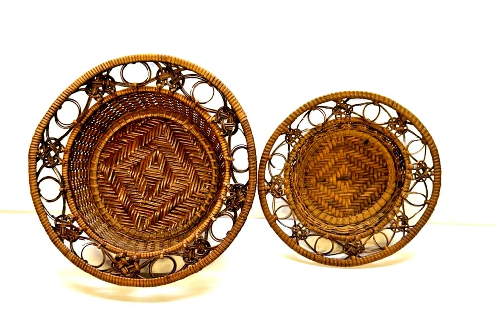 Vintage Boho Rattan Set of 2 Woven Basket Geometric Pattern Storage Entryway